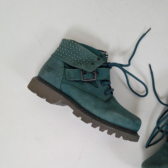 Cat Antique Green Leather Boots Turquoise Work Chunky Combat Studs - Picture 6 of 11